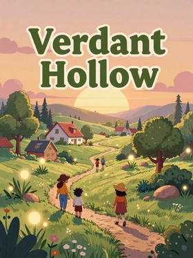 Greenhouse Notes game cover - charming magical countryside with glowing plants at sunset