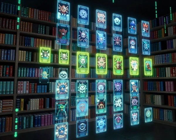 Waypoint Digest digital library - glowing holographic game shelves in a futuristic data space