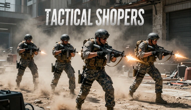 Competitive Focus collection - elite military squad in urban combat zone with smoke and harsh lighting