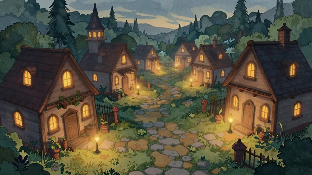 Cozy indie game editorial - magical village at dusk with glowing lanterns